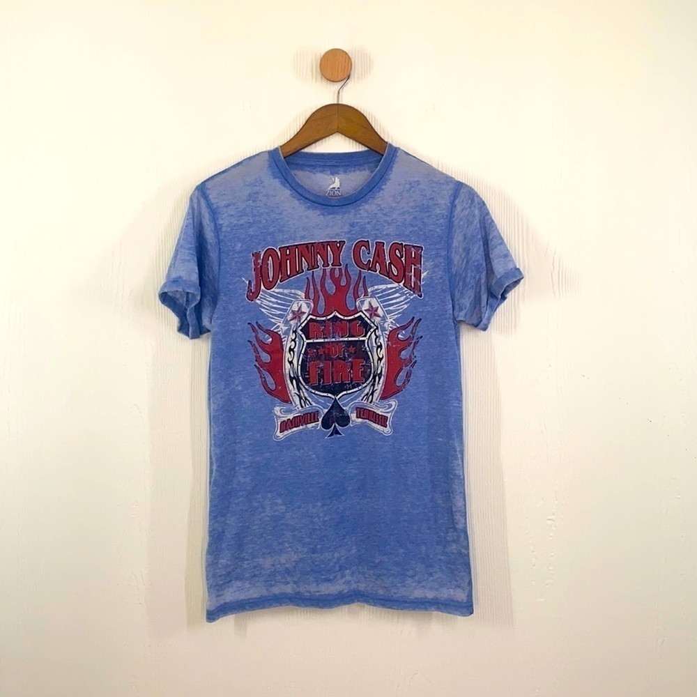 Zion Rootswear - Johnny Cash Nashville TN Ring Of Fire Blue & Red Shirt Size S
